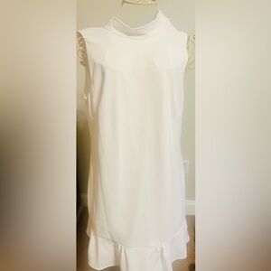 Calvin Klein White Sleeveless Scarf Neck Dress Size 12 Ruffle Hem Worn Once